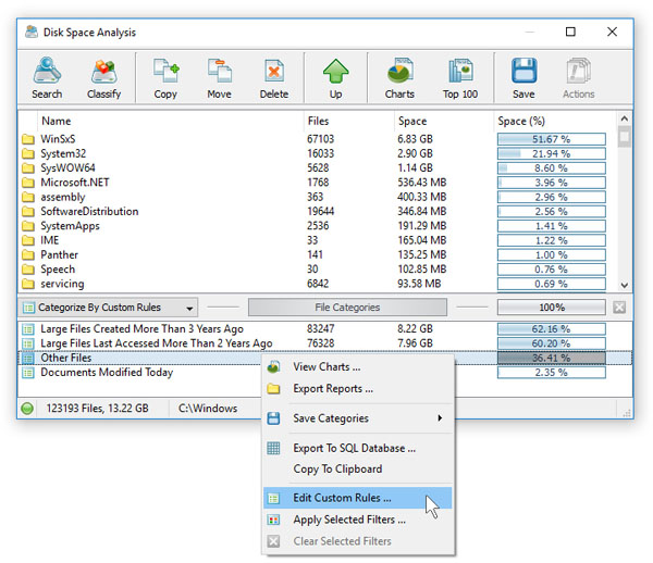 Disk Space Analysis Edit Custom Filters
