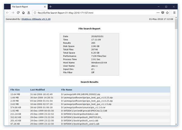 DiskBoss File Search HTML Report